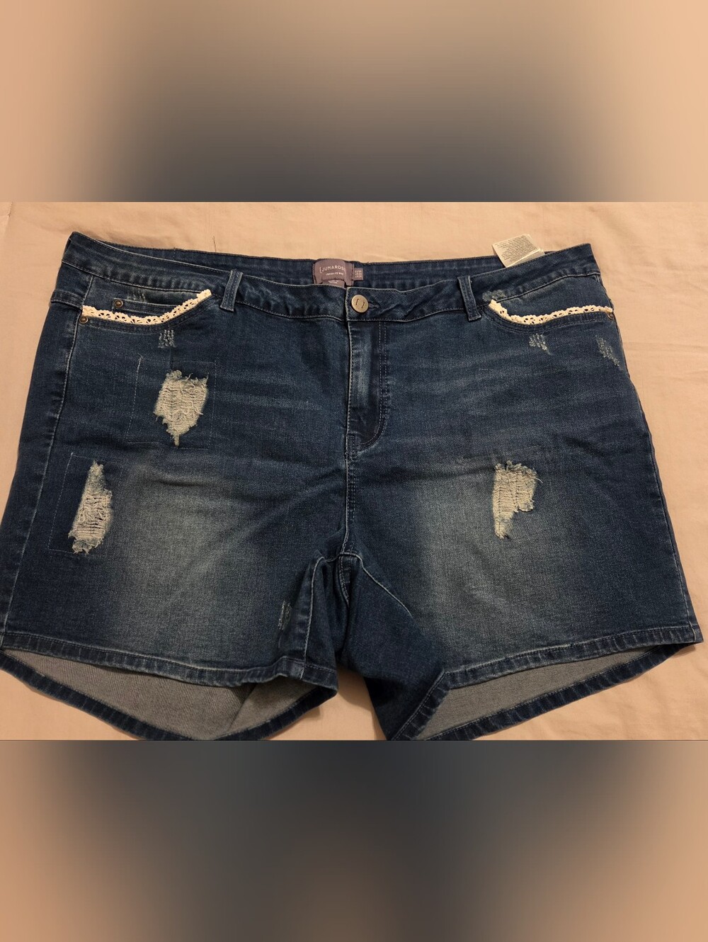 Junarose Distressed Dark Wash Denim Shorts with Lace Trim